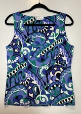 Tahari Tank Top Womens Size 8 Blue Artsy Bold Print Empire Waist Blouse