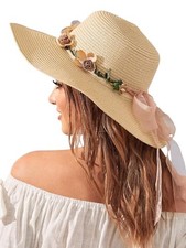 Women's Scalloped Wide Brim Straw Sun Hats Boho Beaded Beach Hat One Size Khaki