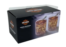 (2) Harley-Davidson Confetti Double Old Fashion Glass Set Hand-Blown (14.5 oz)