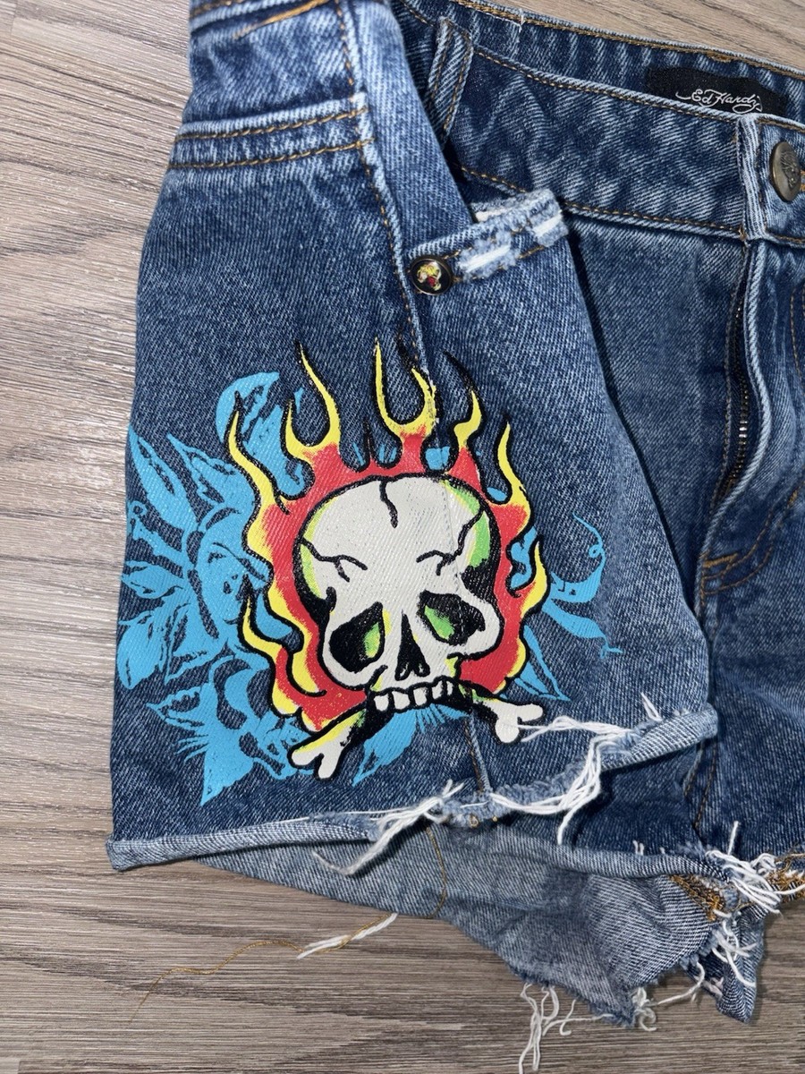Ed Hardy Flame Skull Denim Jean Shorts Womens Size (30) Medium
