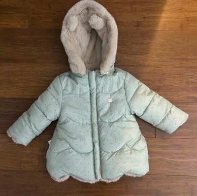 Mayoral Baby Girl Reversible Mint Puffer Coat Faux Fur Hood 6-9M EUC