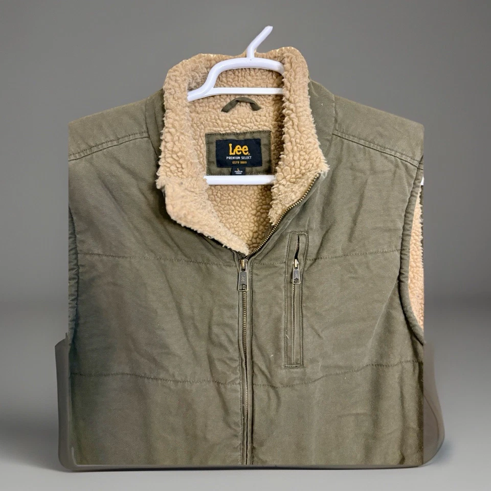 Chaleco de Lona Lee Para Hombre L Verde Oliva Forrado Sherpa Informal Otoño Prendas Exteriores Cremallera Foto 2 de 4