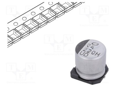 SMD Ø10x10mm Kondensator: elektrolytisch 220uF 50VDC ±20%