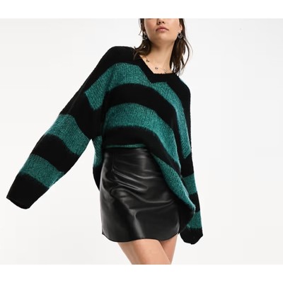 NWT ALL SAINTS Lou Sparkle V Neck Knitted Sweater Black Blue Stripe Small 