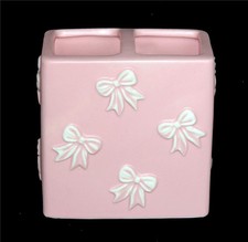 Rachel Zoe Embossed White Ribbons Bows Dusty Pink 2 Hole Toothbrush Holder NEW