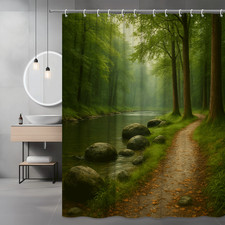 Green Nature Shower Curtain - Forest River Scene, Waterproof Fabric