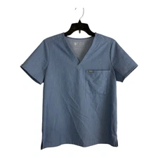 Figs Womes Scrub Top Size Medium Blue Short Sleeve V Neck Pocket Medical PO 1300