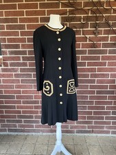 Vintage Designer Louis Feraud Black Wool Dress w Gold Trim US 8