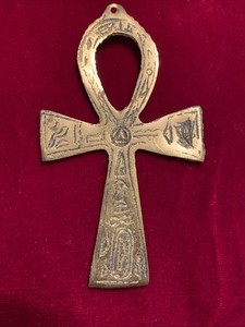 Egyptian Brass Ankh Engraved Hieroglyphics Handmade Pendant approx. 3.5” X 2”