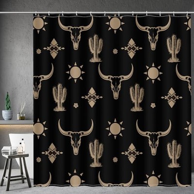  Western Bull Skull Shower Curtain - Black and Gold Cow Cactus Boho Southwest 