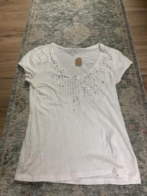 Ladies Banana Republic White/Silver Sequin Design Short Sleeve Shirt - Size M