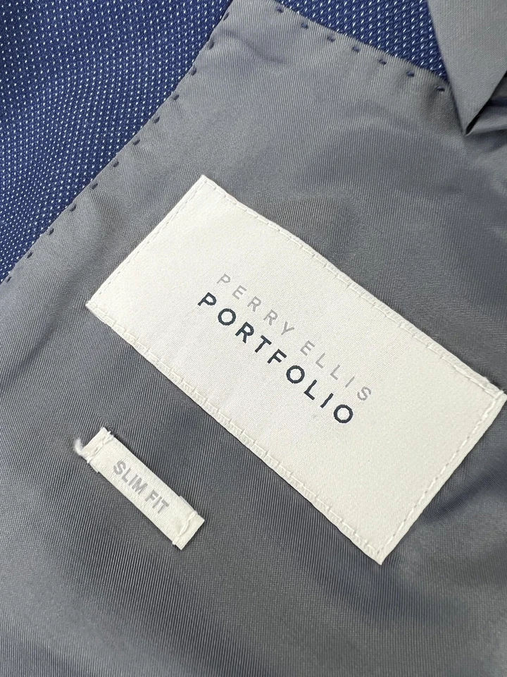 Perry Ellis Portfolio Suit Mens 42R 36x32 Blue Slim Fit 2 Piece Two Button - Image 3 of 4