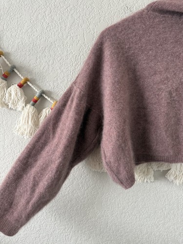 Free People 100% Cashmere Blouson Sleeve Purple Knit Crop Mock Neck Sweater Cozy - Picture 6 of 10