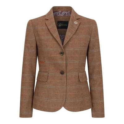 Damen Eiche Brown Geschneidert Tweed Blazer Wollmischung IN Fischgräten Kariert - Bild 1 von 4