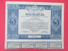 Poland  Bond - Obligacja 5 Dolarow czyli 44,57 Zlotych Polskich 1931 r. 