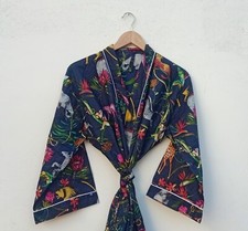Indian Cotton Navy Blue Animal Print Kimono Night Maxi Gown Kimono Dress Robe AU