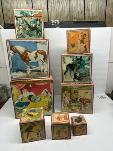 Antique nesting boxes early 1900’s 9 total Childrens Stories lithograph wooden - Picture 3 of 8