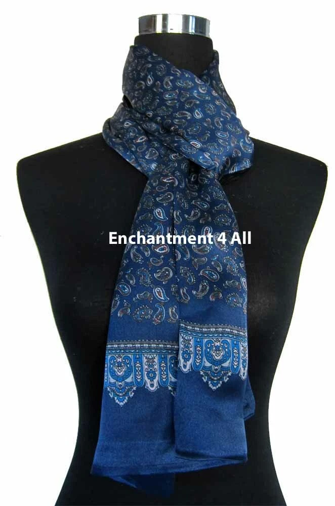 Double Layer 100% Silk Satin Paisley Neck Scarf Wrap, Navy Blue