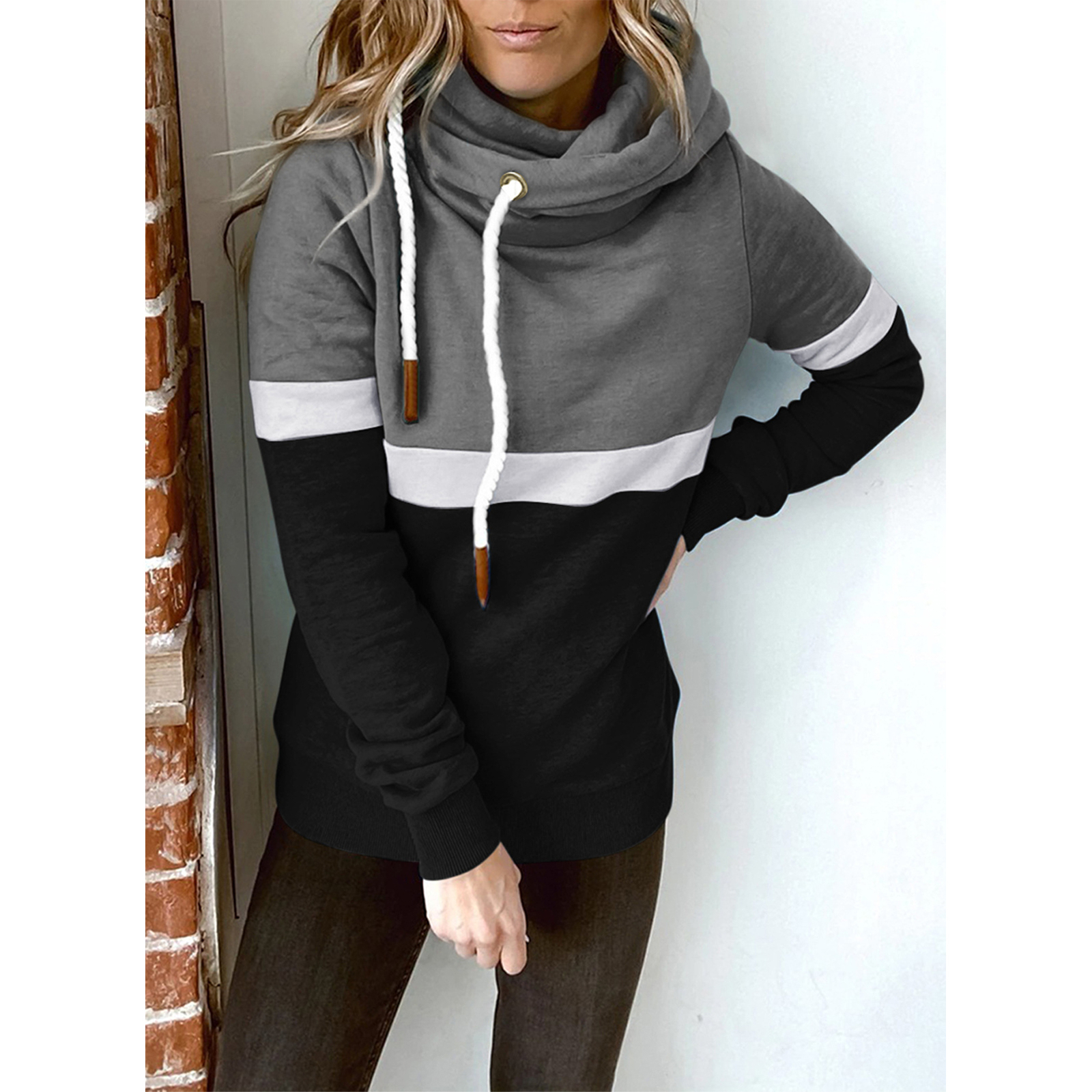 Xxl-Dark Grey And Black)Women Pure Color Block Turtleneck Hoodies Jacket  Casual | Ebay