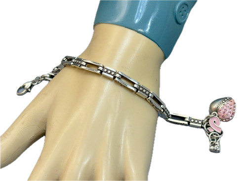 BRIGHTON Power of Pink Breast Cancer HEART CHARM Bracelet w/Crystals ~ 7in
