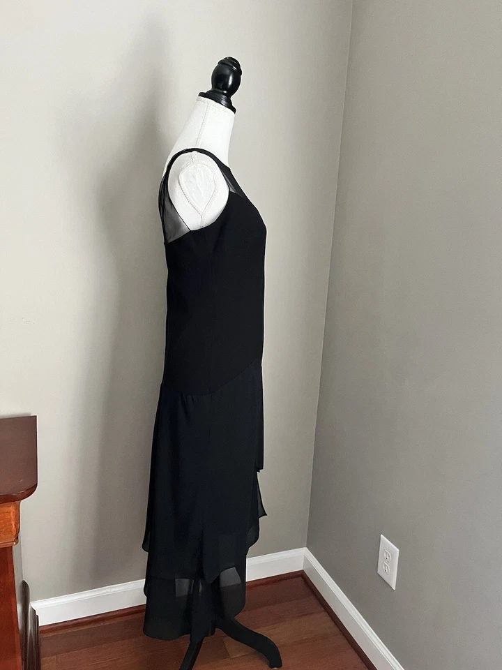 Evan Picone Black Dress Sleeveless Mesh Top Size 8 Party Evening Asymmetric Hem - Image 3 of 4