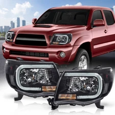  Fit For 2005-2011 Toyota Tacoma Black LED Tube DRL Headlights Headlamps Pair 