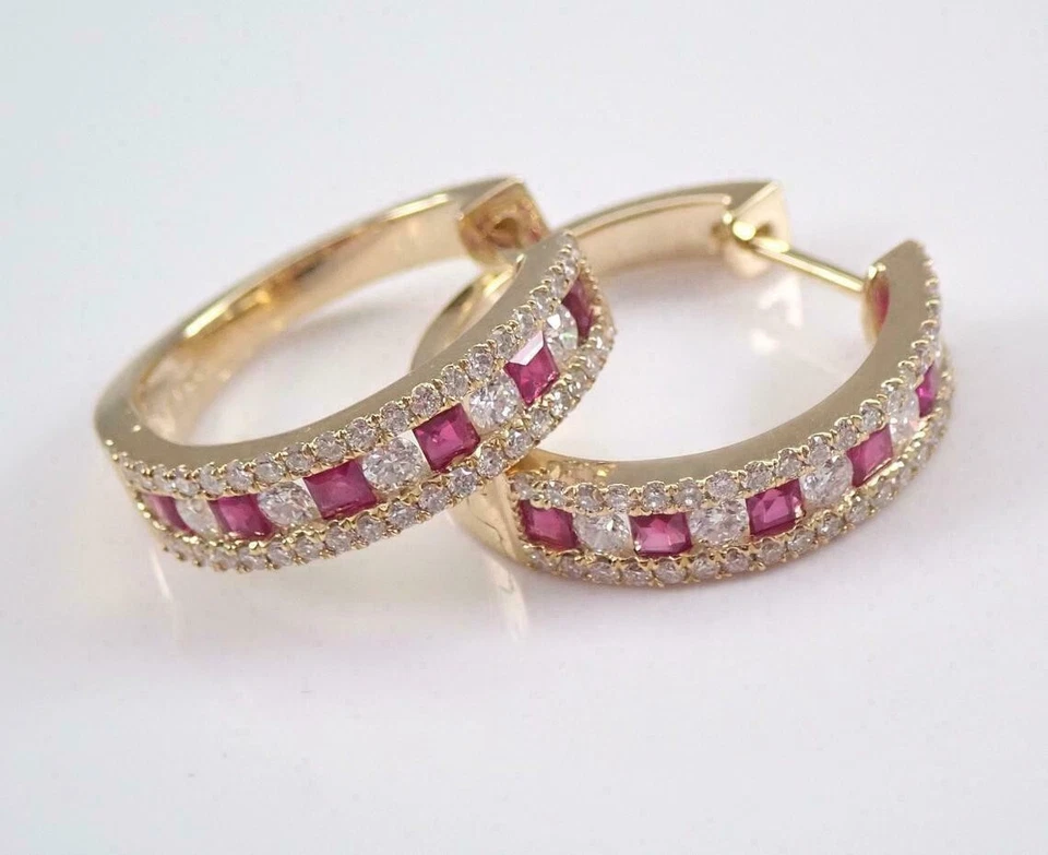 2.00 Ct Round Cut Pink Ruby Huggie Hoop Women's Earrings 14k Yellow Gold Finish - Image 3 of 4