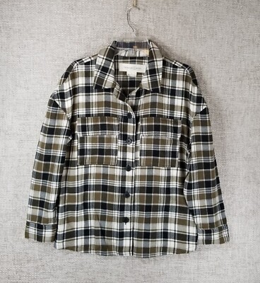 Treasure & Bond Flannel Shirt Jacket Womens S Olive Black Plaid Oversized Boxy