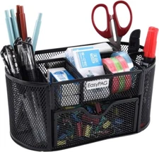 Easypag Office Desk Organizer with Drawer Small Mesh Desktop Pen Holder, Black