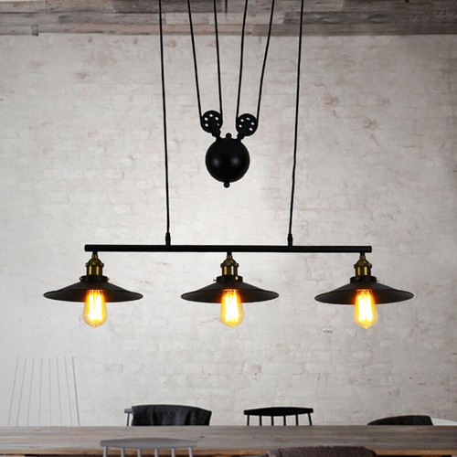 Industrial Kitchen Island Light Modern 3-Heads Hanging Ceiling Light Band Pulley - Picture 2 of 8
