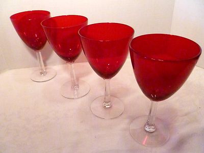 4 GORHAM Rubiat RUBY RED & CLEAR GLASS Water WINE GOBLETS