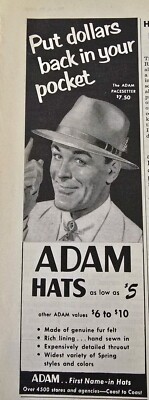 1952 Mens Adam Hat Put Dollars Back In Your Pocket vintage fashion ad 
