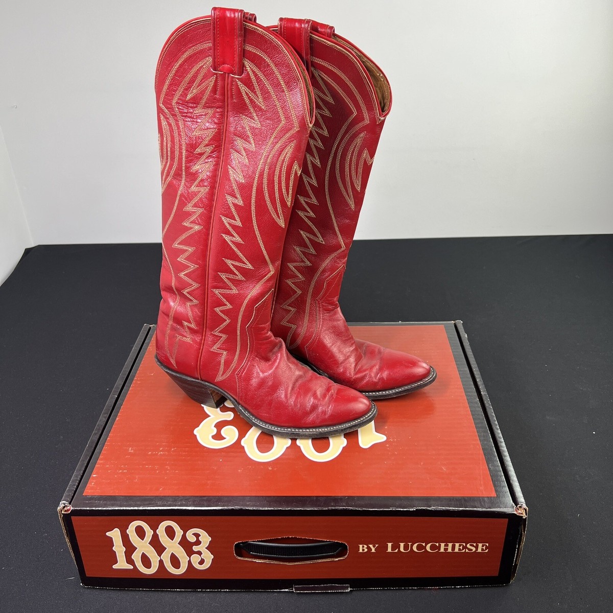 Nocona Red Leather Stitched Patchwork Pull On Western Boots  display picture 2