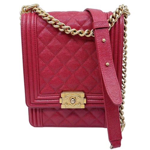 CHANEL Boy Flap North South Quilted Caviar Leather Crossbody Bag Red