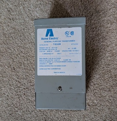 Acme Electric T181058 General Purpose Transformer 0.50 KVA 120x240V 16x32V NEMA 