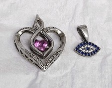 2 Sterling Silver Pendants 1 Heart With Round Rudy Will Glows Under UV Light