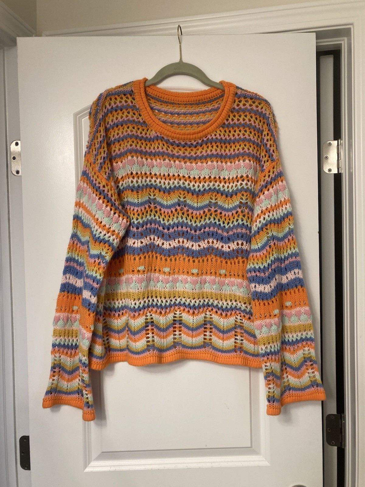 Boho Chic Vibrant Striped Crochet Knit Sweater Women’s L