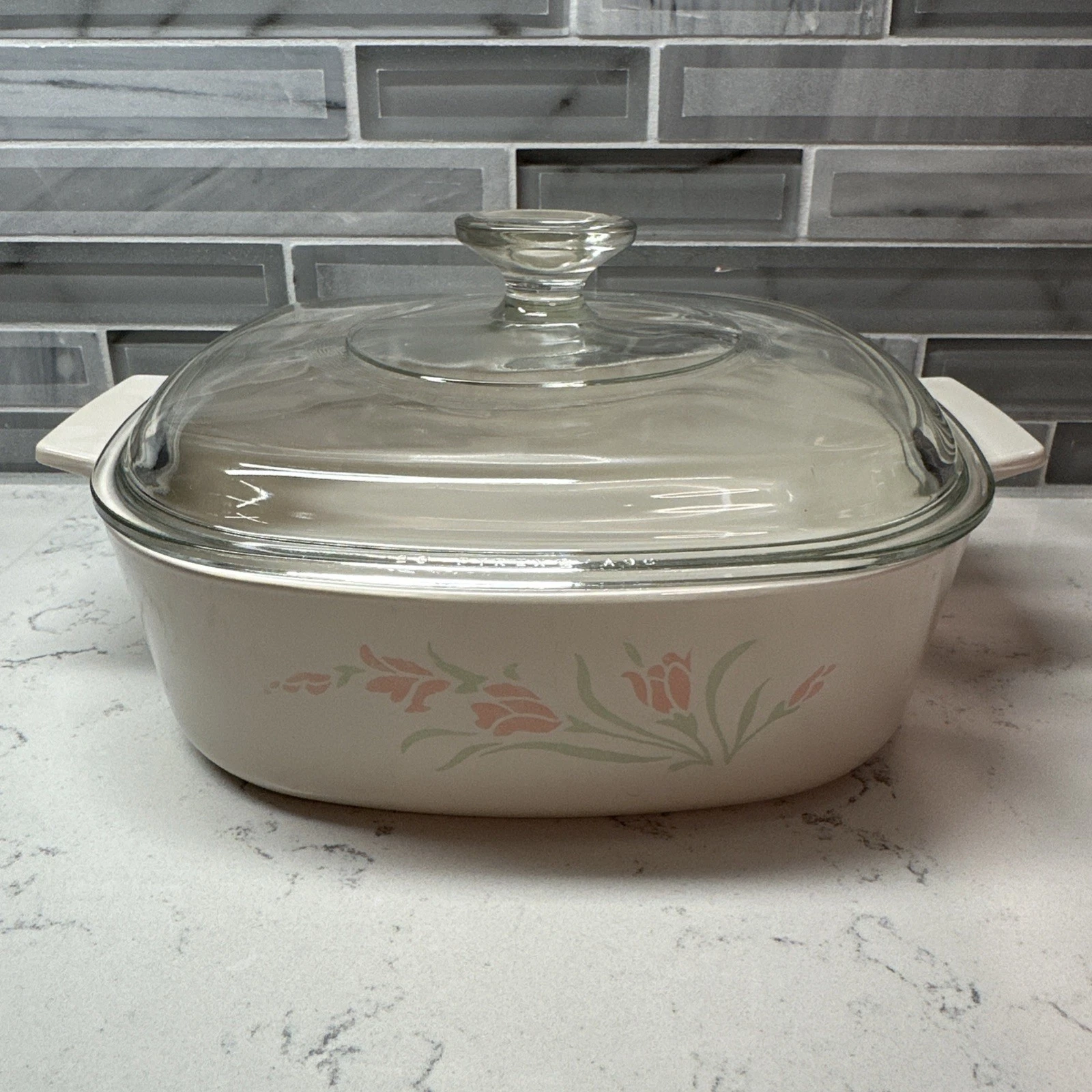 Corning Ware A-2-B ROSEMARIE 2 QT Casserole Ivory w/Pink Tulips~Pyrex Lid A-9-C