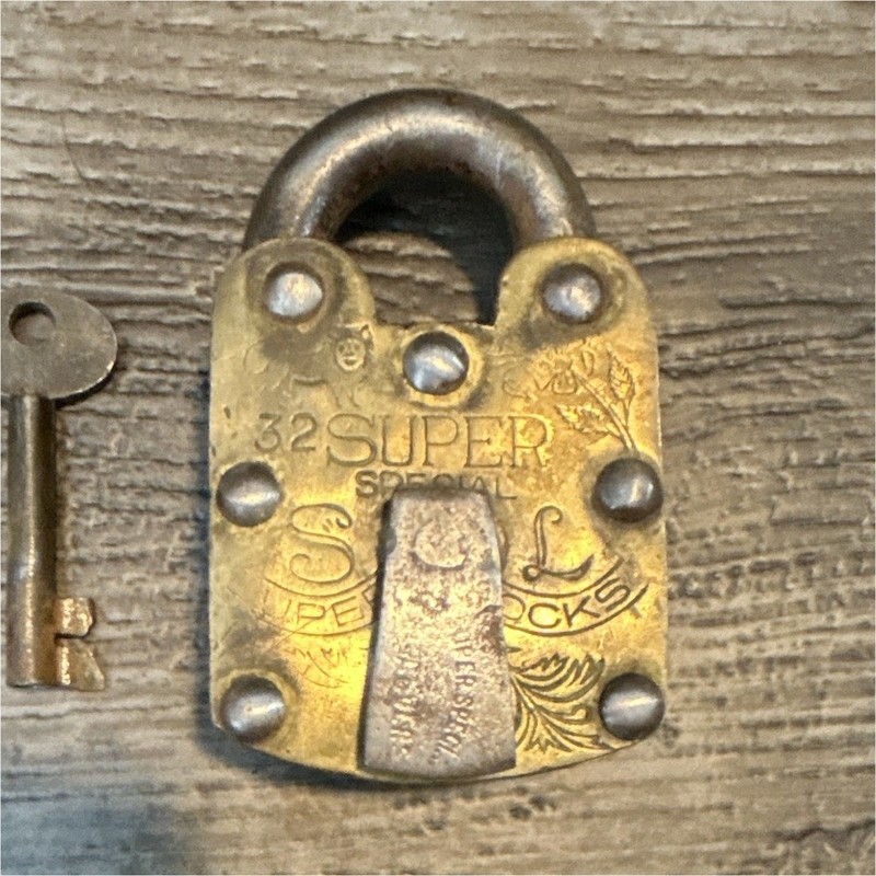 Vintage Brass Padlock Lock with Key Marked "32 SUPER SPECIAL” Engraved and works