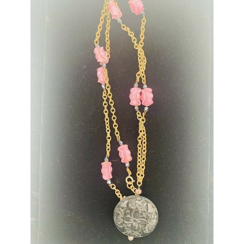 Vintage Floral Statement Halskette Blume Rose Lila Rosa Tulpe Perlen mit Anhänger - Bild 12 von 12