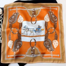   Carriage Orange Print 100 Mulberry Silk Shawl Scarf Necktie Kerchief 21"