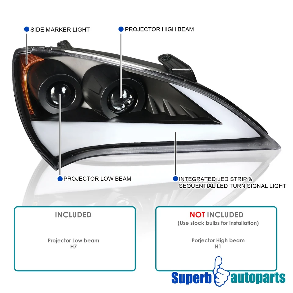 Fit 2010-2012 Genesis Black Projector Headlights Sequential Signal+LED Tail Lamp Foto 3 de 4