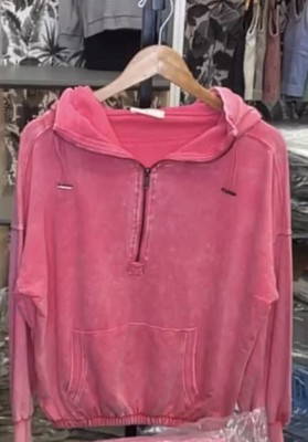 Zenana Womens Fuschia Pink Acid Wash  1/2 Zip Hoodie Sweatshirt (S,M,L)
