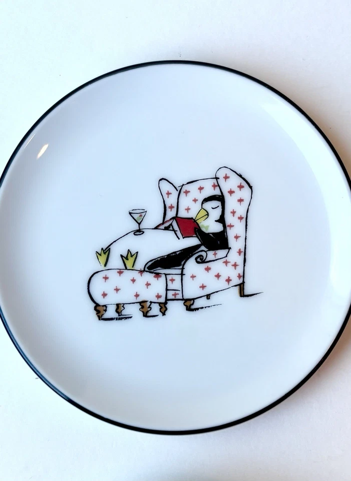 Juego de 4 Platos de Tapas Cerámica Granero Pingüino Borde Negro Aperitivo Postre Japón Foto 4 de 4