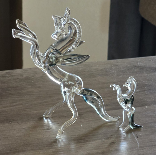 Set of 2 Vintage 1980s Handblown Glass Blue accents Winged  Pegasus Figurines
