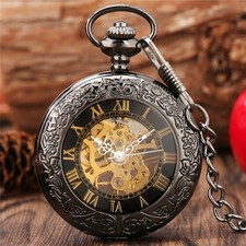 Classic Roman Numeral Pocket Watch Black Skeleton Dial Mechanical with Chain
