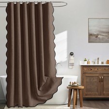 Brown Scalloped Shower Curtain 72x72 Inch 12 Hooks Linen Textured Cloth