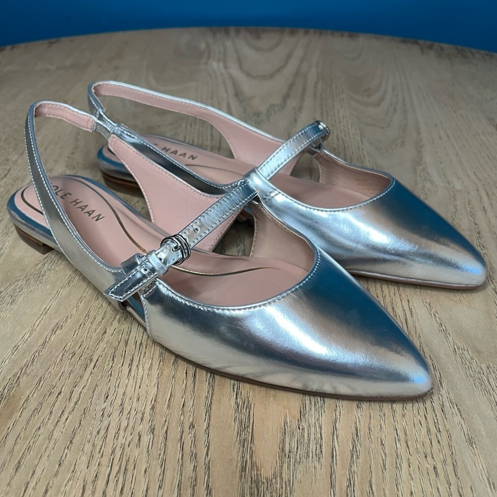 New! Cole Haan Anya Slingback Flats Metallic Silver Pointed Toe Women’s Size 5