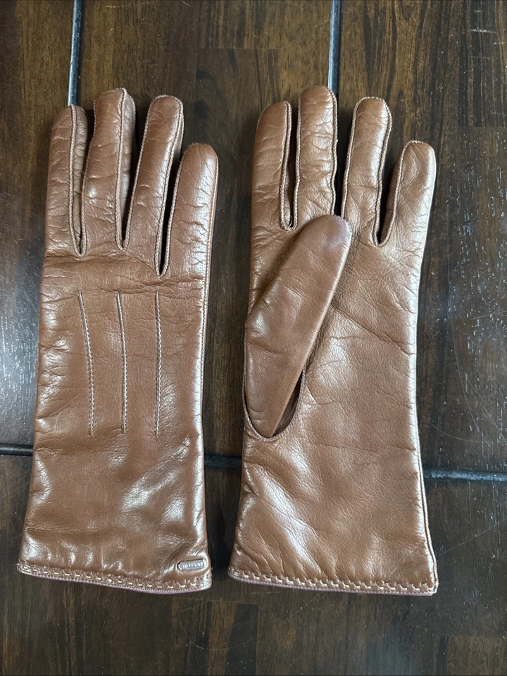 Guantes de cuero Coach para mujer marrón, forrados de cachemir hasta la muñeca, 83875, talla 7,5 Foto 2 de 4