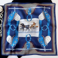 Royal Blue Orange Print 100 Mulberry Silk Shawl Scarf Necktie Kerchief 21"